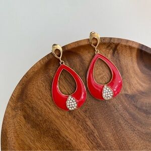 4/$15 Red Enamel Teardrop Rhinestones Drop Gold Earrings